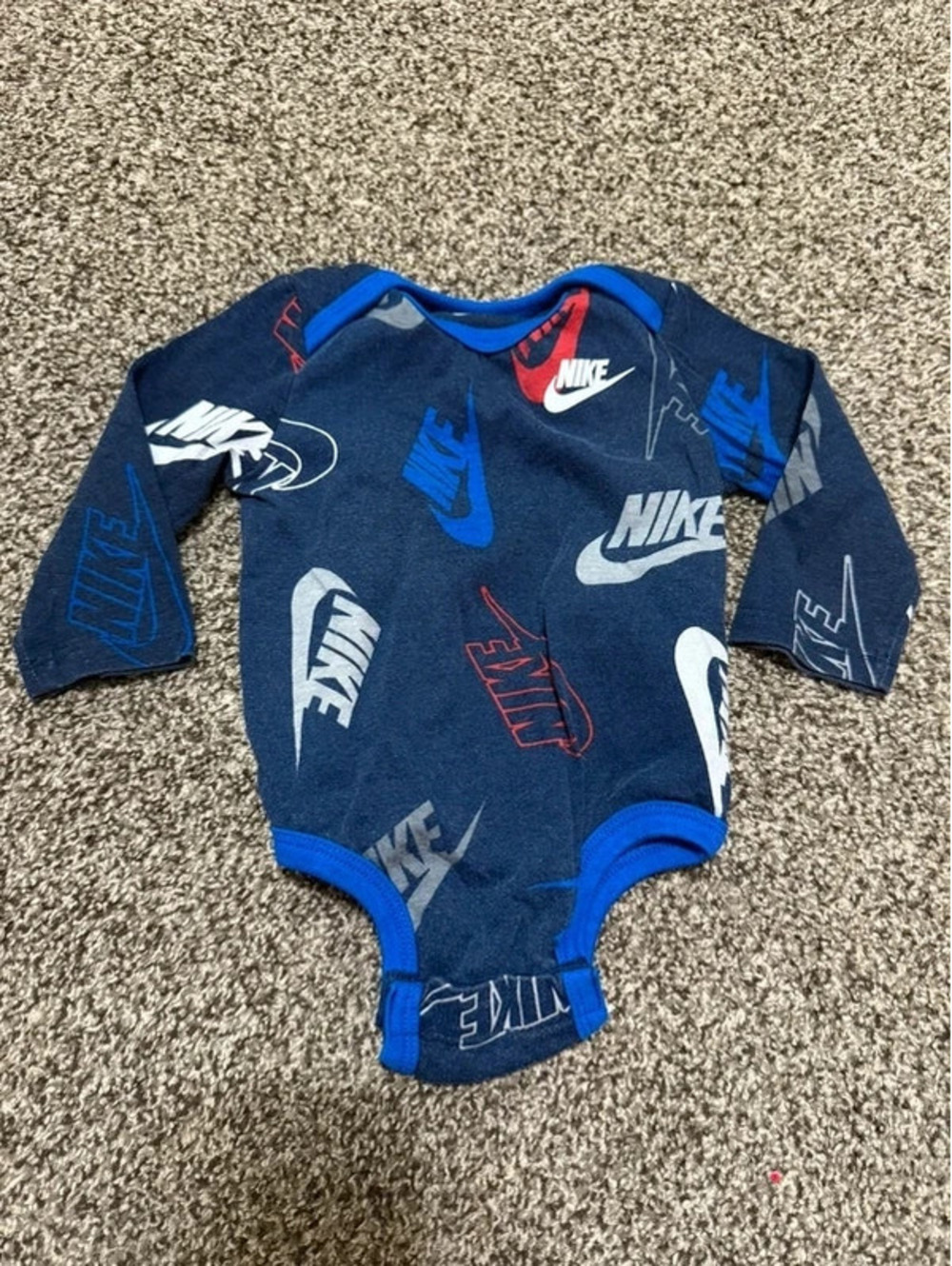 Nike Baby 6M Navy All Over Logo Long Sleeve Bodysuit Swoosh Onesie
